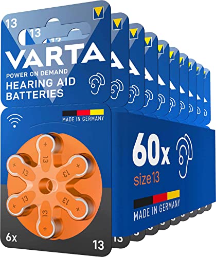 Varta Batterie Per Apparecchi Acustici Tipo 13, 60 Pezzi, Arancione, Pile Power On Demand, Confezione Economica, Per Amplificatore Acustico, Made In G