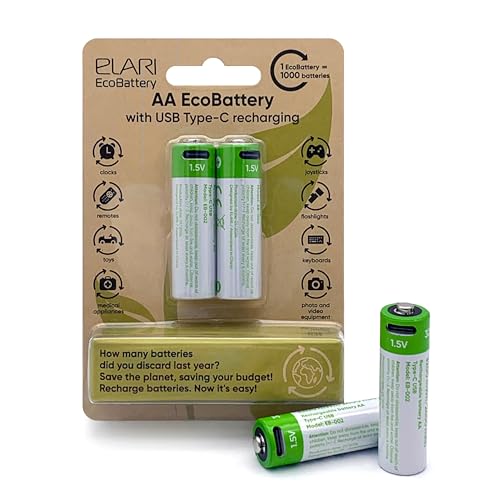 Elari Ecobattery - Batteria Ricaricabile Aa 2 Pacco Batteria Li-Ion Con Built-In Usb C Porta Di Ricarica, Ad Alta Capacità, Bassa Autoscarica, Eco-Fri