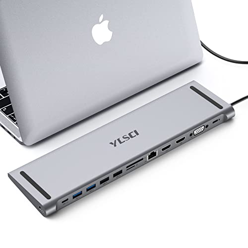 Ylsci Docking Station 13 In 1 Per Computer Portatile, Usb C Hub 4K Hdmix2, Vgax1, Usb 3.0X2, Usb 2.0X2, Scheda Sd/Tf, Gigabit-Ethernet Rj45, Audio, Ty