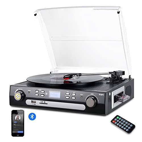 Digitnow! Giradischi Con Altoparlanti Stereo, A Tre Velocità Bluetooth Vinile Giradischi Con Usb /Sd /Mmc Per Codifica/Am/Fm Stereo Radio/Cassette Tap