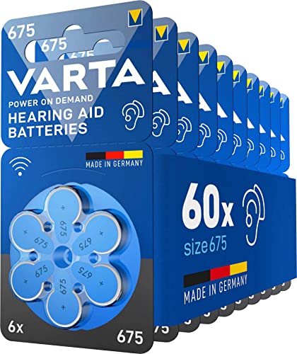 Varta Batterie Per Apparecchi Acustici Tipo 675, 60 Pezzi, Blu, Pile Power On Demand, Confezione Economica, Per Amplificatore Acustico, Made In German