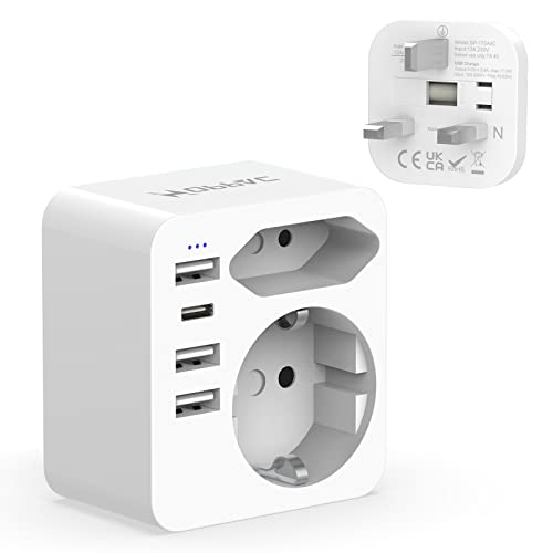 Hoppac Adattatore Presa Inglese, Adattatore Spina Inglese Con 3 Usb E 1 Usb C(3.4A,17W), Adattatore Uk Con Spina Europea E Schuko, Adattatore Di Tipo