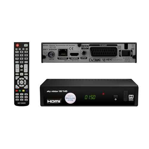 Sky Vision 150 T-Hd Dvb-T2 Ricevitore, Decoder Digitale Terrestre Hd, Ricevente Antenna, Tv Hevc H.265, Hdmi, Usb 2.0, Lan, Scart, Dolby Digital Plus,