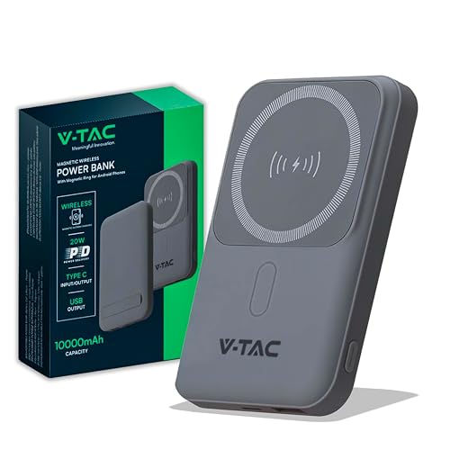 V-Tac Power Bank Magnetico Compatibile Con Magsafe - 10000 Mah - Ricarica Rapida Pd 20W - Batteria Esterna Per Apple Iphone 12/13/ 14/15 / Mini/Pro/Ma