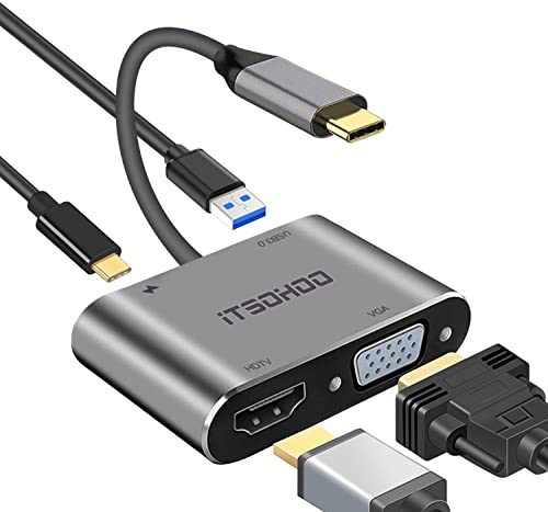 Itsohoo Adattatore Usb C A Hdmi Vga, Usb C Hub A 4K Hdmi,1080P Vga,Usb 3.0, Type C 87W Pd,4 In 1 Usb C Adattatore Per Macbook Air/Pro M1,Dell Xps 13/1