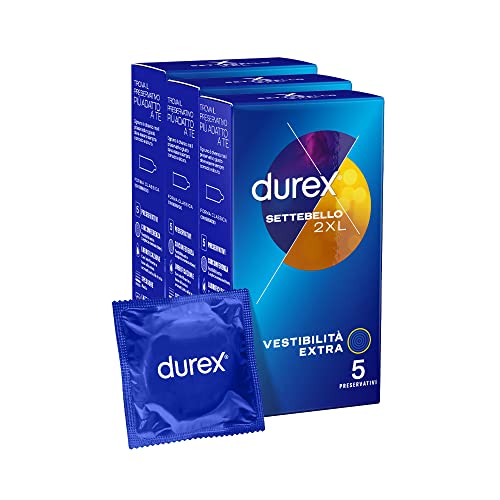 Durex Settebello Xxl Preservativi Extra Large (60 Mm), 3 Confezioni, 15 Profilattici, Vestibilità Large
