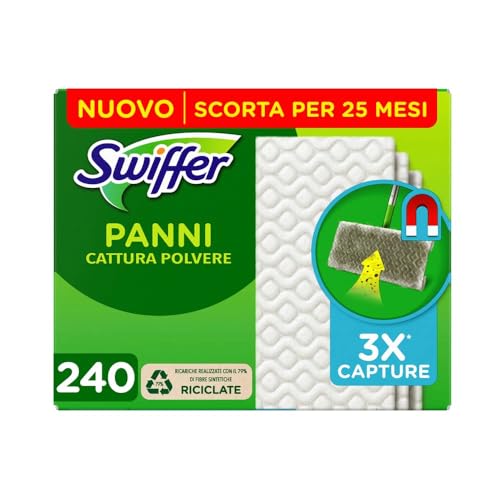 Swiffer Panni Catturapolvere, 240 Panni Microfibra Dry, Panni Cattura Polvere E Sporco, Ottimo Per Tutti I Tipi Di Pavimenti E Per I Peli Di Animali,