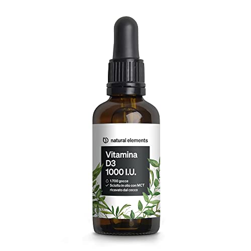 Vitamina D3 – 1000 I.U. Per Goccia – 50 Ml (1750 Gocce) – Natural Elements – In Olio Mct Di Cocco – Integratore Vitamin D – Alto Dosaggio, Liquida