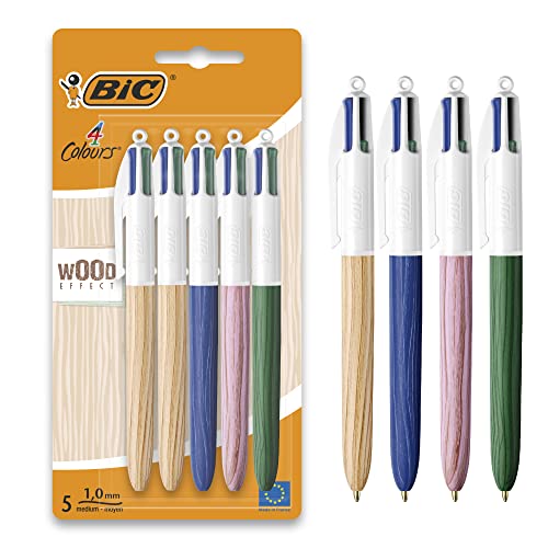 Bic 4 Colori Wood Effect, Penne Multicolore, Set Di 5 Penne A Sfera Con Fusti Effetto Legno, Cancelleria Scuola E Università
