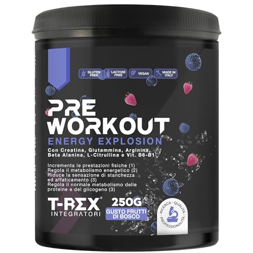 T-Rex Integratori Pre Workout, Energy Drink Potente Con Creatina Monoidrata, Taurina, Citrullina, Arginina Akg, Beta Alanina E Vitamine, 250 G (Frutti