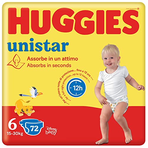 Huggies Unistar, Pannolini Taglia 6 (15-30 Kg), Design Disney, Protezione Completa, 72 Pz