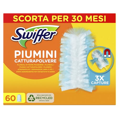 Swiffer Duster Piumini Catturapolvere, 60 Piumini, Cattura E Intrappola Polvere E Sporco, Raggiunge I Punti Più Difficili Della Casa, Maxi Formato, Sc