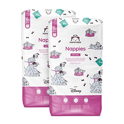 Marchio Amazon - Mama Bear Disney Pannolini Ultra-Asciutti, Taglia 5+ (11-17 Kg), Bianco, 144 Unità, 2 Confezioni Da 72, Pacco Mensile