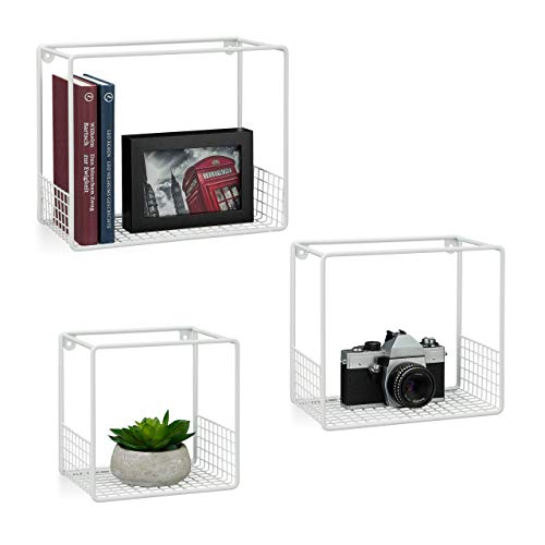 Relaxdays Mensole Cubo, Set 3 Pz, Salotto, Struttura Griglia, Design Moderno, Scaffali Muro Metallo, P:15 Cm, In Bianco