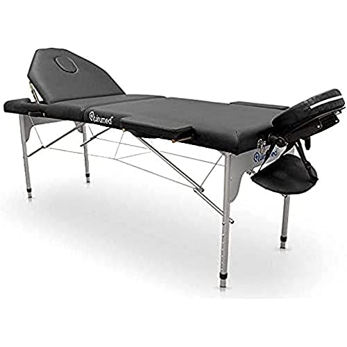 Quirumed Lettino Da Massaggio Pieghevole In Alluminio Pro, 186 X 66 Cm, Con Schienale Ribaltabile, Colore Nero, Similpelle, Foro Per Il Viso, Testa Ri