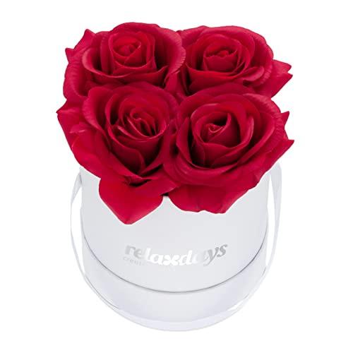Relaxdays Rosenbox Bouquet Di Rose Rotondo, 4 Rose, Bianco, Resistente 10 Anni, Idea Regalo, Box Decorativo, Rosse