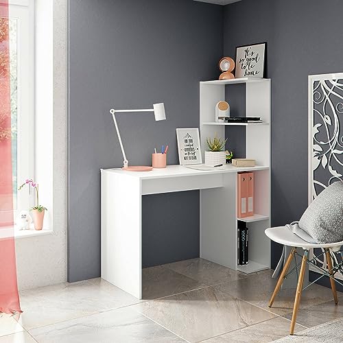 Dmora - Scrivania Pittston, Scrittoio Lineare Con Libreria, Tavolo Ufficio Multiuso Salvaspazio, 110X50H136 Cm, Bianco