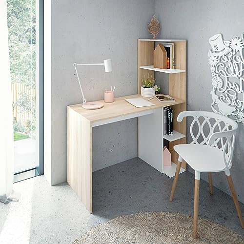 Dmora - Scrivania Peekskill, Scrittoio Lineare Con Libreria, Tavolo Ufficio Multiuso Salvaspazio, 110X52H136 Cm, Bianco E Rovere