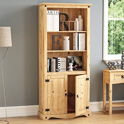 Home Discount Corona 2 Door Espositore Libreria In Legno Di Pino Massiccio, Finitura Anticata Cerata