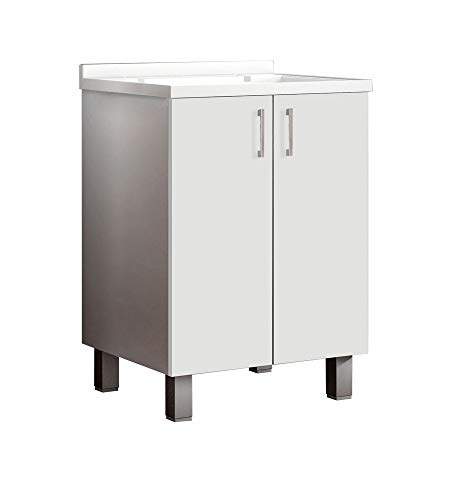 Mama Store Atenalav Mobile Lavatoio-Lavapanni Bianco In Metacrilato Con Asse In Legno E Gocciolatoio In Alluminio, L.60 X P.50 X H. 86.5 Cm