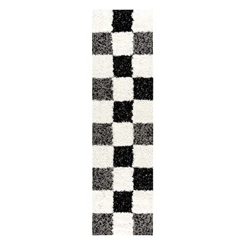 Mynes Home Shaggy Tappeto A Pelo Lungo, Nero, Grigio, Bianco, 30 Mm, A Pelo Lungo, A Quadretti, 70 X 250 Cm