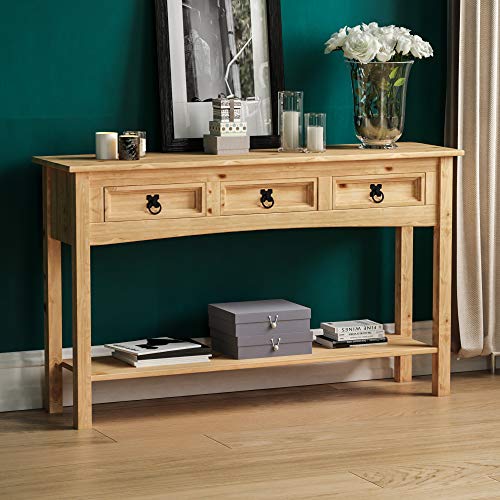 Home Discount - Consolle Corona, Con 3 Cassetti E Un Ripiano, In Legno Di Pino Massiccio, Mobile Messicano