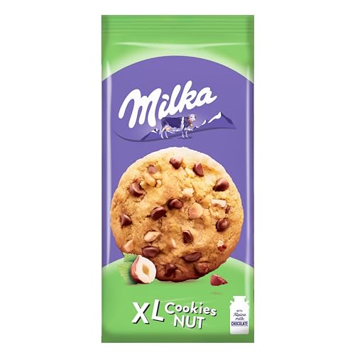 Milka, Cookies Xl Nut, Biscotto Maxi Croccante Con Golose Pepite Di Cioccolato Al Latte Milka E Nocciole Tostate, Con Latte Alpino, Cacao Sostenibile,