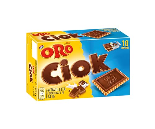 Oro Ciok, Biscotto Con Tavoletta Di Cioccolato Al Latte, Merenda Semplice E Golosa, Fonte Naturale Di Fibre, Senza Coloranti E Conservanti, 250G (10 M