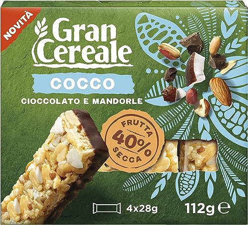 Gran Cereale - Snack Barrette Di Frutta Secca Con Pezzi Di Cocco, Cioccolato E Mandorle - Colazione E Snack Dolce, Confezione Da 4 Barrette, 112 G