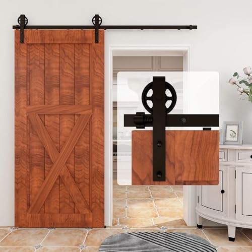 Binario Per Porta Scorrevole 214Cm Kit Porta Scorrevole Nera Per 1 Porte Scorrevoli Interno Esterno Muro 107Cm Larga, Centrale Ruota J-Forma