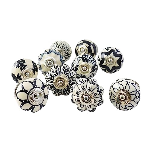 Ajuny - Set Di 20 Pomelli In Ceramica Bianca E Nera Per Armadietti, Cassetti, Cucina, Motivo Indiano, Dipinti A Mano