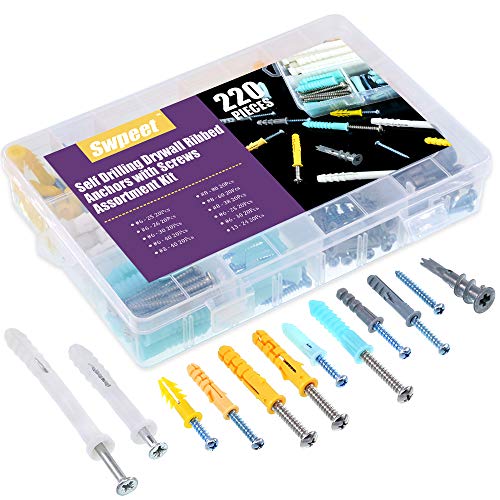 Swpeet 220Pcs Misure Assortite Hollow Self Drilling Drywall Anchors Kit, Plastica Self Drilling Drywall Anchors Assortimento A Coste Con Viti Perfetto