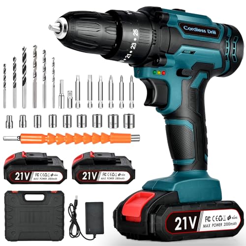 Avvitatore A Batteria 21 V: Trapano Avvitatore Batteria 42Nm Con 2 Batteries 2.0Ah,25+3 Coppia, 24Pcs Punte Da Trapano, 2 Velocità, Luce Led Per Proge