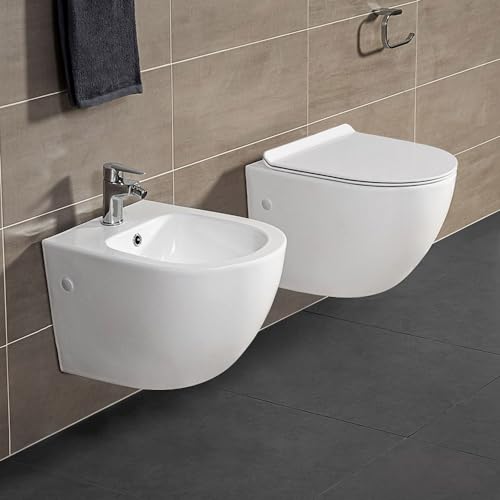Coppia Sanitari Sospesi Rimless, Ceramica Bianco, Compatto Salvaspazio Profondità 48.5 Cm, Completo Di Copriwc Rallentato