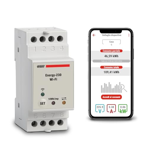 Vemer Ve794600 Energy Wifi - Contatore Energia Elettrica Wifi Per Sistemi Monofase, Misuratore Consumo Elettrico Con App, Installazione Su Barra Din,
