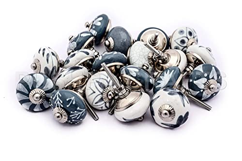 Pushcrafts, Pomello Per Armadietto, Cassetto, In Ceramica, Dipinto A Mano, Grigio E Bianco, Confezione Da 20