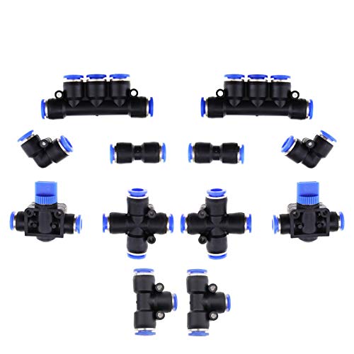 Yinettech 12Pcs Pneumatico Push To Connect Raccordi Kit Giunto Tubo Id 8Mm Od 5/16 Pollice Tubo Croce Gomito Tee Dritto Collettore Valvole Manuali Pro