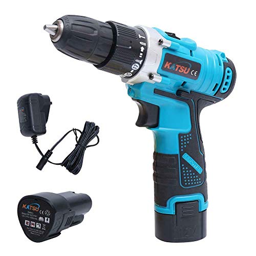 Katsu Trapano A Percussione A Batteria 12V, Trapano Avvitatore Batteria Con 2 X 1,5Ah Batterie, 26Nm Max, 2 Velocità, Luce A Led E 10Mm Mandrino Autos
