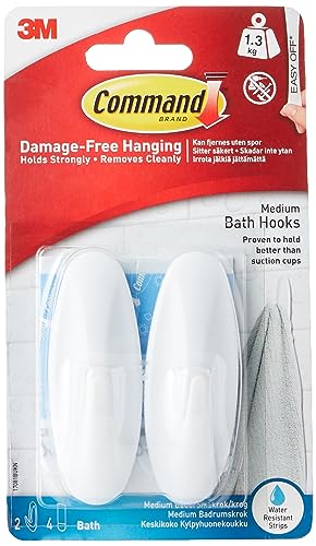 Command Ganci Adesivi Da Bagno Medi In Plastica, 2 Ganci Resistenti All'Acqua- Ottimi Per Appendere Asciugami E Accappatoi - Non Occorrono Chiodi, Vit