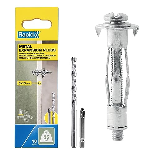 Rapid Confezione Da 10 Tasselli Ad Espansione In Metallo Per Pareti Cave In Cartongesso E Truciolari Dallo Spessore Di 3-13 Mm, Supportano Fino Ad Un