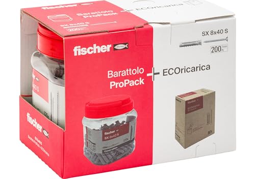 Fischer 200X Tasselli Sx 8X40 Con Vite, Pack Con Barattolo + Ecoricarica