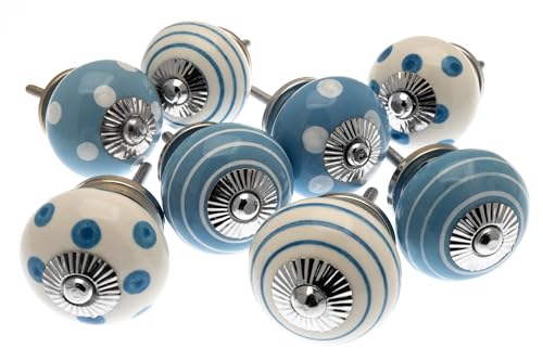 Mango Tree – Set Di 8 Pomelli In Ceramica A Pois E Strisce Blu E Bianche