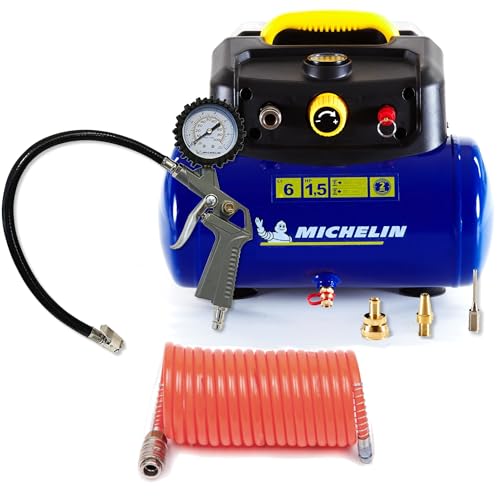 Michelin Compressore D'Aria Portatile Mbl6, Compressore Aria Oil-Free Da 6 Litri, Manometro Integrato + Kit (Include Pistola Di Gonfiaggio, Tubo A Spi