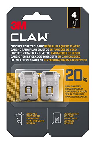 3M Claw Gancio Per Appendere Quadri Su Cartongesso, 4 Ganci, Sostiene Fino A 20 Kg, Ottimale Per Il Fissaggio Die Oggetti Pesanti, Specchi Et Decorazi