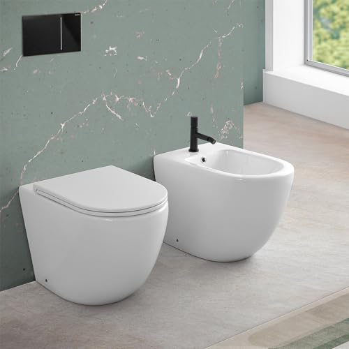 Sanitari Filomuro Rimless Con Risciacquo A Vortice E Copriwc Soft-Close, Sistema Di Scarico Universale A Parete O A Terra, Serie Tao