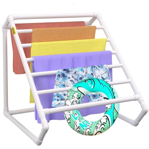 Vevor Pool Towel Rack, 8 Bar Freestanding Outdoor Pvc Triangular Poolside Storage Organizer, Including 8 Towel Clips, Mesh Bag, Hook, Stores Floats An