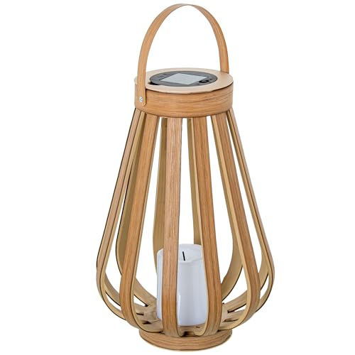 Lampada Lanterna Solare Da Tavolo O Pavimento In Legno E Metallo Naturale E Nero Con Candela Led 23X23X40 Cm