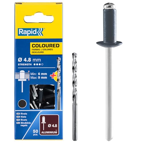 Rapid Scatola Da 50 Rivetti In Alluminio Da Ø4.8 X 10 Mm, Adatti A Fissare Grondaie, Tubazioni E Lamiere, Include Punta Per Il Trapano - Grigio Antrac
