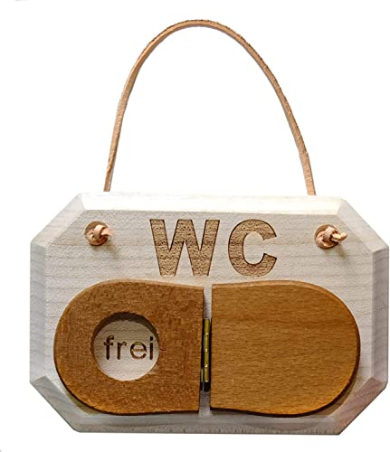 Placca Per Porta In Legno Di Acero Massiccio Con Scritta In Tedesco "Toilette" ("Wc") Con Pannello A Forma Di Coperchio Del Wc Per Rivelare "Frei" ("L
