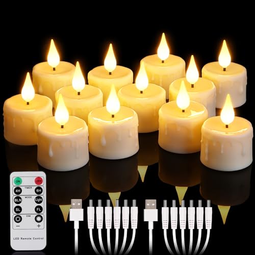 Yunsheng 12 Lumini Ricaricabili Con Telecomando E Timer 4/6H, Ricaricabili, Senza Fiamma, Con 2 Cavi Usb, Stoppino In Silicone 3D, Luce Bianca Calda P